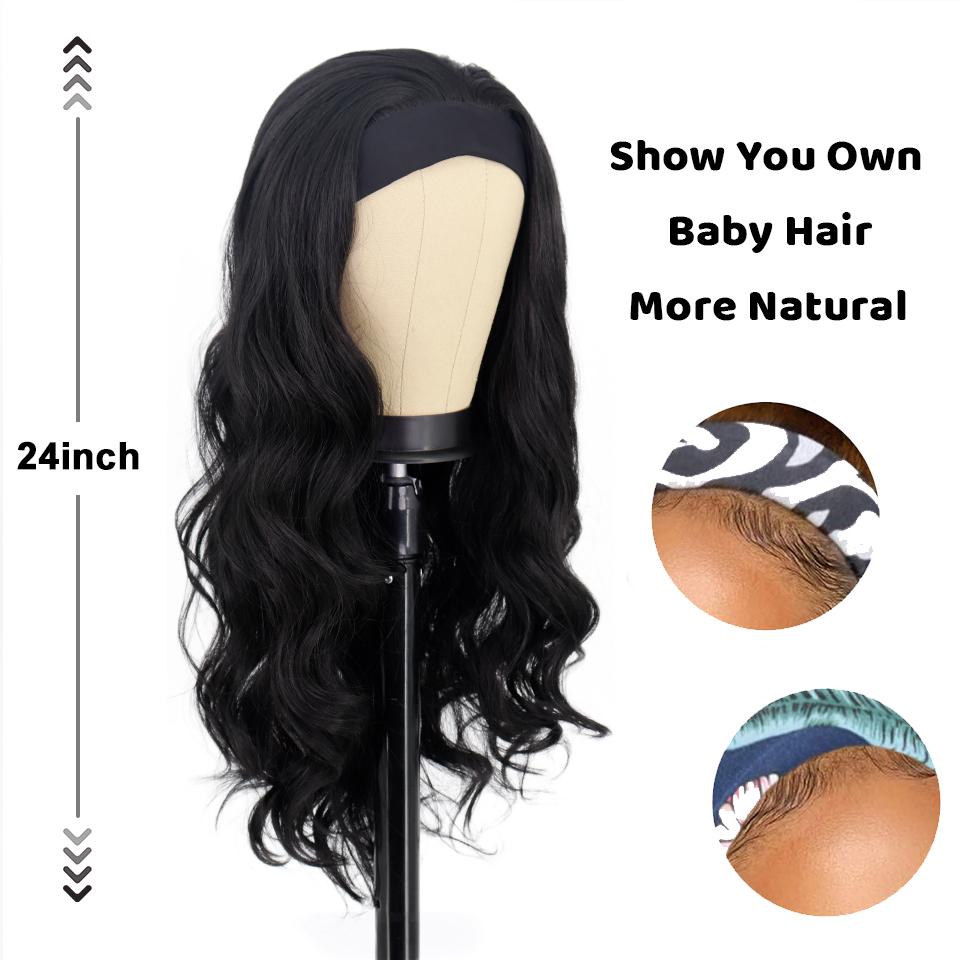 MISS WIG Женский парик с повязкой на голову, объемные волны, натуральные черные парики с повязкой на голову, искусственные волосы, синтетические парики для чернокожих женщин