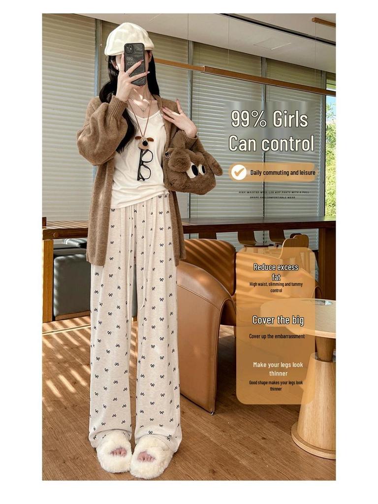 Корейские ретро брюки с бантом, с высокой талией, широкими штанинами, из шелковистой ткани для женщин