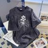 Европейский и американский хип-хоп модный бренд старая короткорукавная футболка женская большого размера свободная оверсайз стираный черный принт цветок одежда