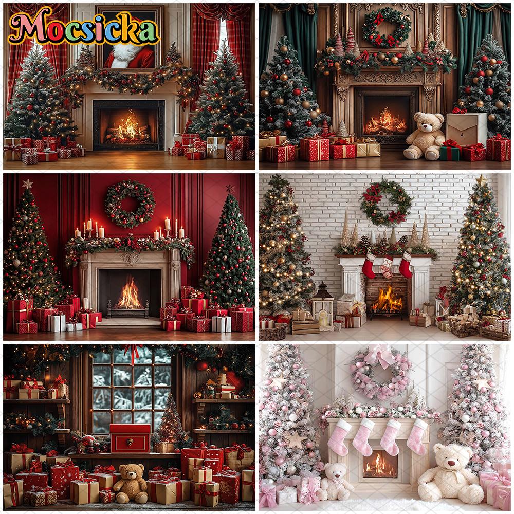 Mocsicka Christmas Fireplace Photography Background Home Xmas Tree Decoration Adult Children Photo Backdrop Holiday Party Banner
