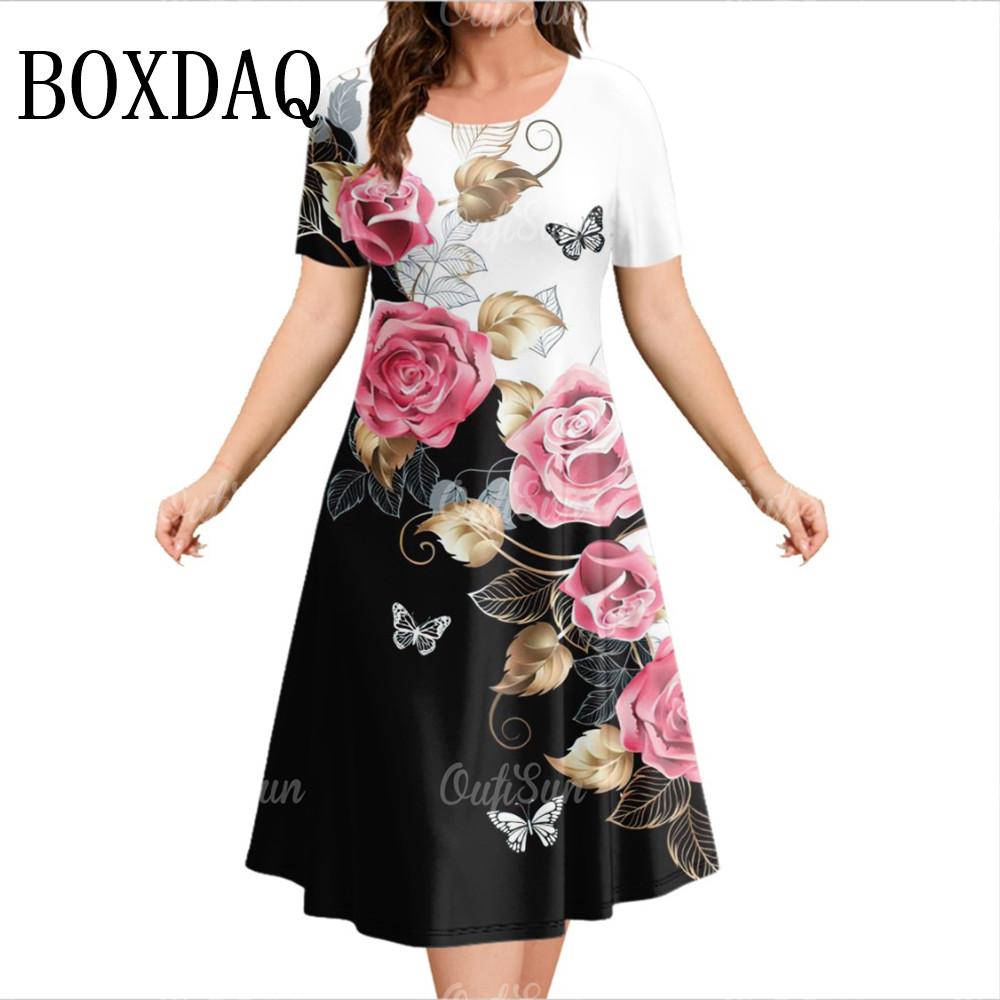 Новое женское платье с 3D-цветочным принтом и короткими рукавами, повседневное модное платье А-силуэта, летнее женское платье свободного покроя для отпуска