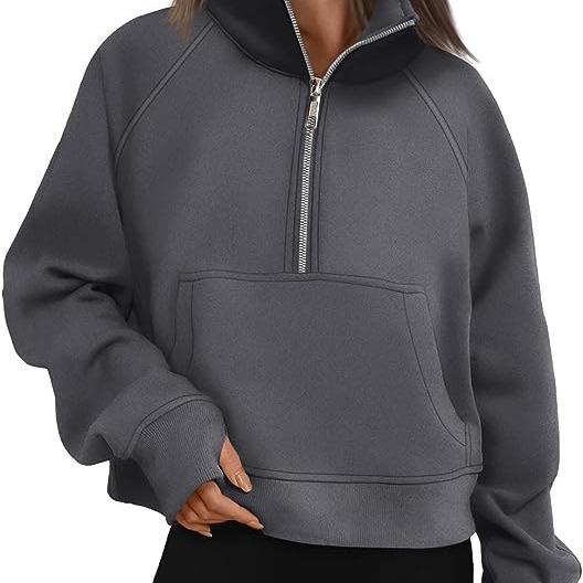 Stand Collar Casual Sweatshirts Half Zip Women Cropped Pullover Thumb Hole Oversized Hoodie Solid Color Plus Size Sports Outfit Plus Size
