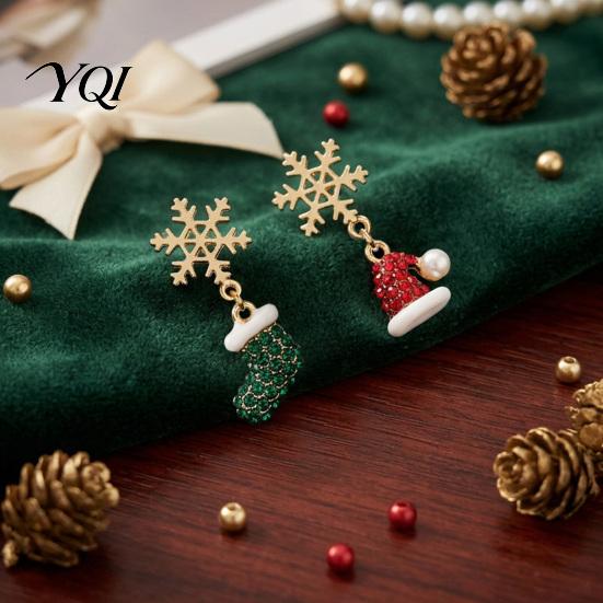 Dazzling Rhinestone Holiday Drops 1 Pair Christmas Earrings, Sparkling Snowflake Red Santa Hat Green Stocking Dangle Asymmetric Jewelry Gift for Women