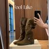 Inner Height Increase of 6CM~ Leather Retro Stacked Western Cowboy Boots Round Head Buckle with Soft Folds and Thin Medium Boots for Women