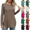 Womens Long Sleeve Round Neck Shirts Side Split Basic Loose Tunic Tops Casual Shirts
