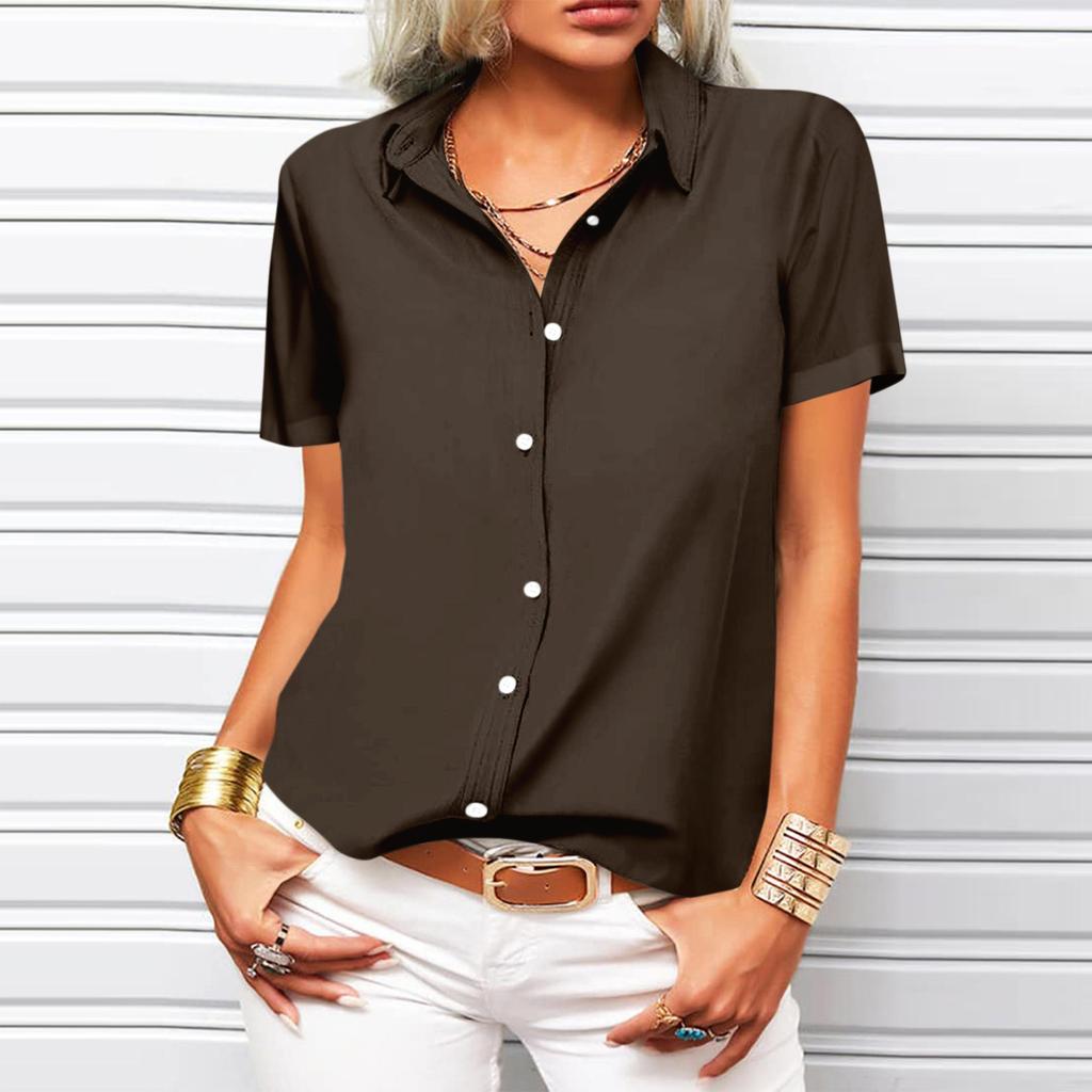 Women's Fashion Casual Short Sleeve Solid Color Buttons Lapel Shirt Top Blouse