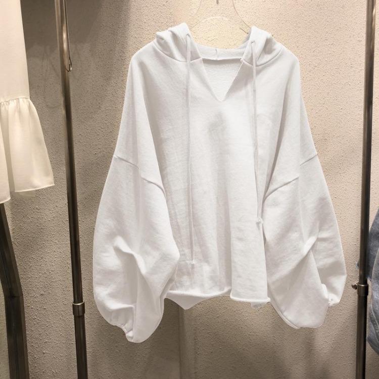 Корейский стиль женский свободный тонкий хлопковый свитер с капюшоном и V-образным вырезом однотонный цвет для весны и осени