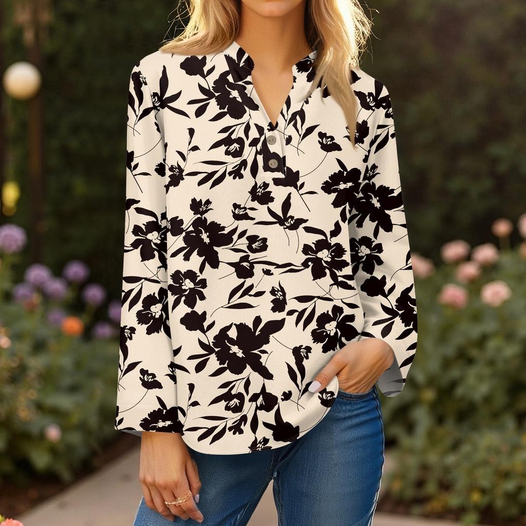 Женская модная и повседневная рубашка с длинным рукавом, V-образным вырезом, на пуговицах, с принтом, блузка, топ
