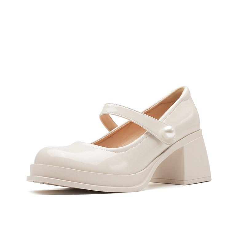 Mary Jane High Heels Spring and Autumn Word with Pearl Square Head Patent Leather Temperament Thick Heel Platform Single Shoes