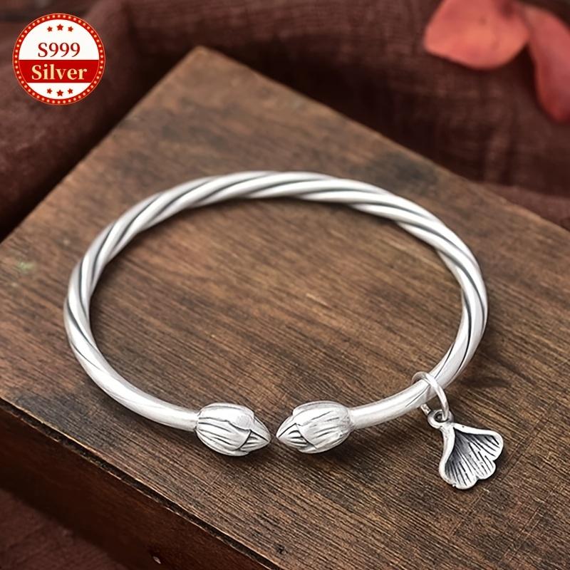 Elegant vintage 999 sterling silver bracelet with ginkgo pendant, suitable for daily and party wear, a perfect Mother's Day gift