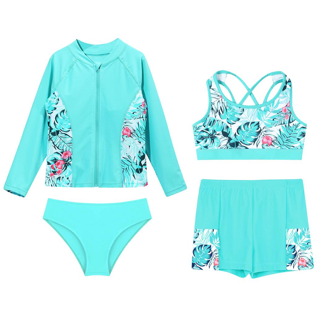Комплект для плавания для девочек из 4 предметов: Топ на молнии с длинным рукавом, Майка, Плавки, Шорты с оборками, Защита от солнца