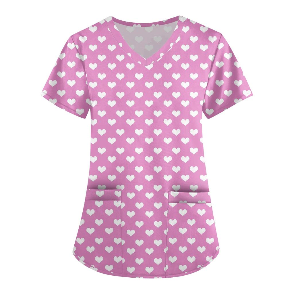 Женская симпатичная принтованная рабочая одежда с V-образным вырезом, двухслойными карманами, базовым коротким рукавом, пуловером ко Дню святого Валентина