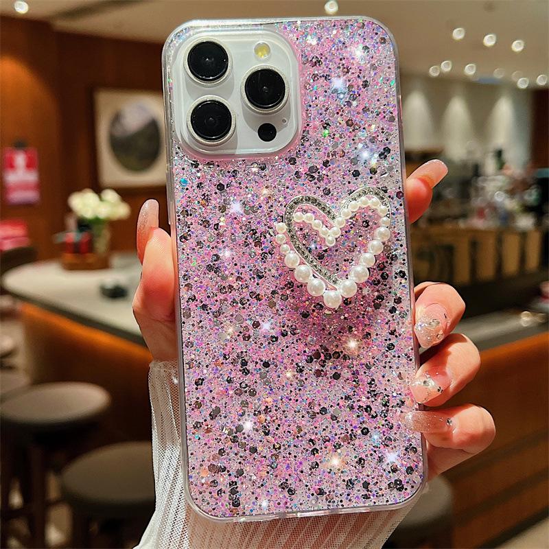 Роскошный блестящий силиконовый чехол для iPhone 15 Pro Max, 12, 11 - двухслойный дизайн Pearl Love, защита от падений