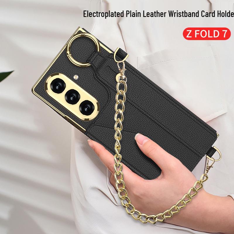 Samsung Z Fold7 Wristband Case: Fashionable Electroplated Leather with Card Holder and Lanyard