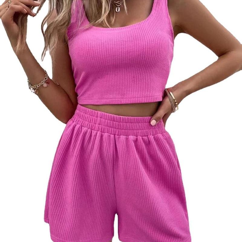 Women Two Piece Outfits Summer Knit Sleeveless Crop Top and High Waisted Short Lounge Sets