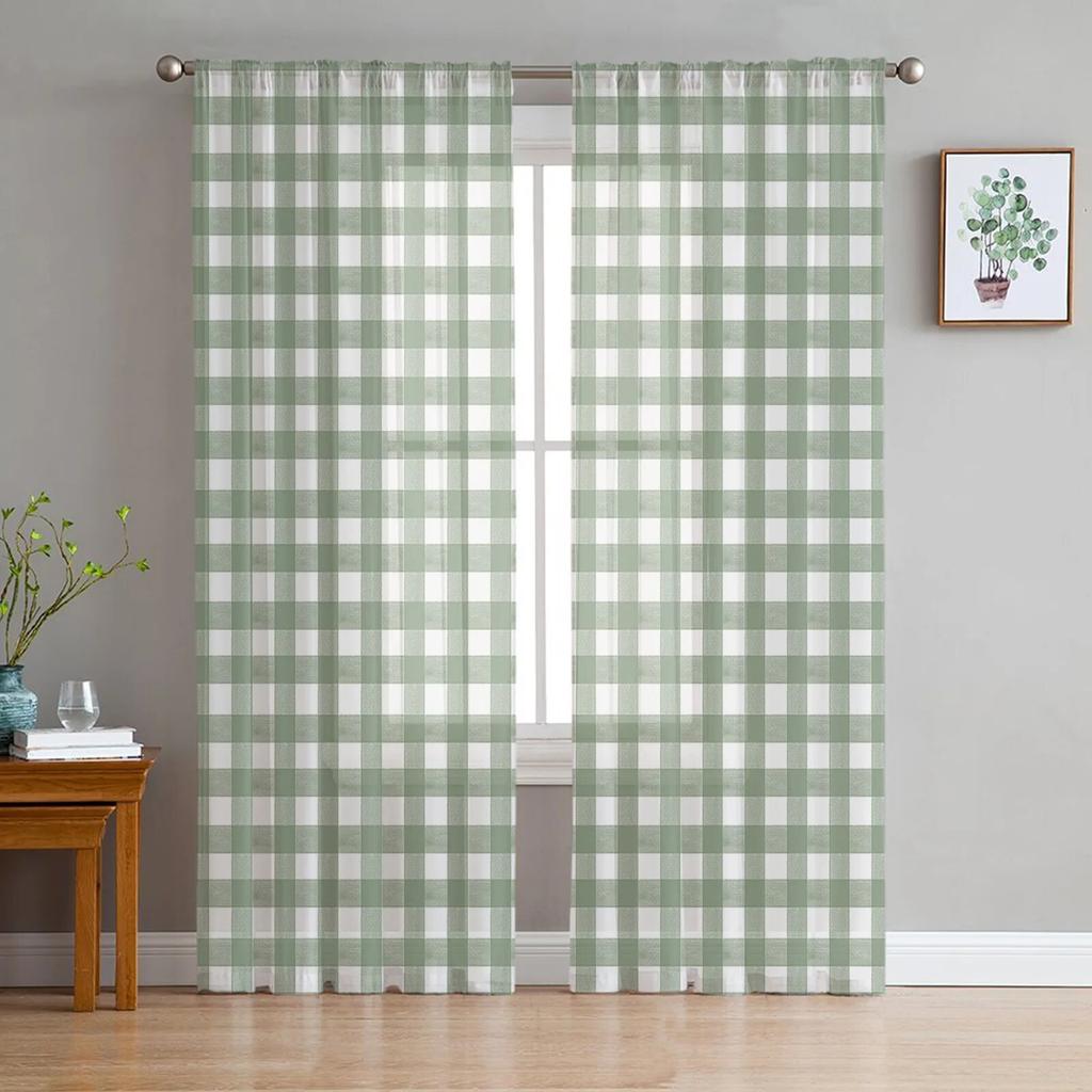 Black Grey Plaid Tulle Curtains For Living Room Bedroom Modern Chiffon Sheer Kitchen Curtains