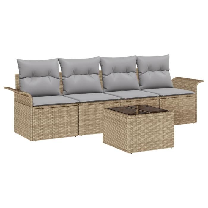Ensemble de canapés de jardin 5 pièces avec coussins beige en poly rattan, Canapé de jardin 2 places avec rangement 3353899