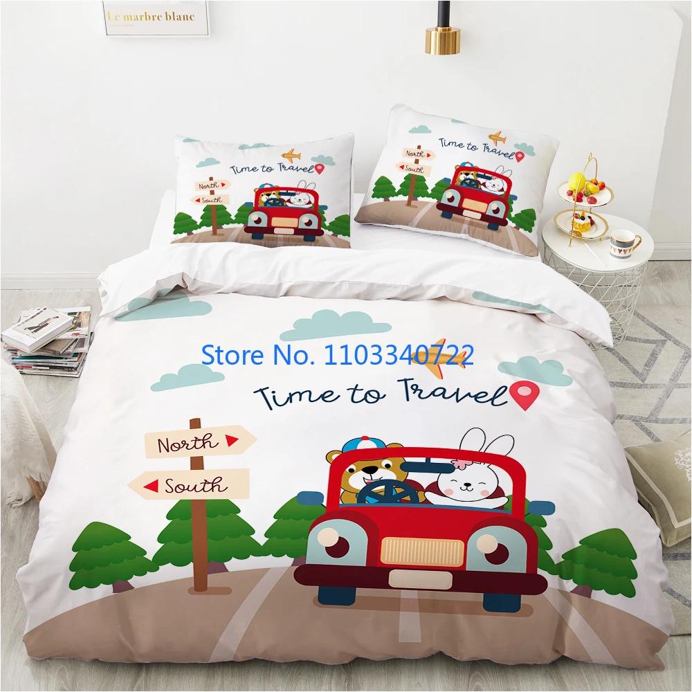Cartoon Car King Queen Duvet Cover Cute Red Toy Sports Cars Bedding Set Kids Police Car Fire Truck Bedclothes Children Bedroom