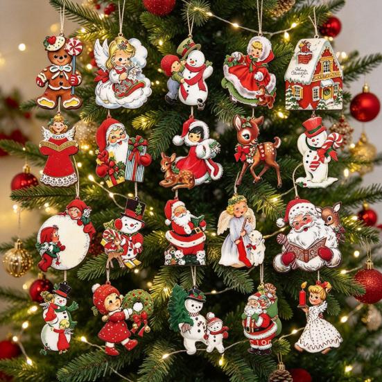 Snowman And Deer Decorations Retro Wooden Christmas Hanging Ornaments, Xmas Tree Pendants with Rope, Rustic Santa Claus DIY Craft Materials