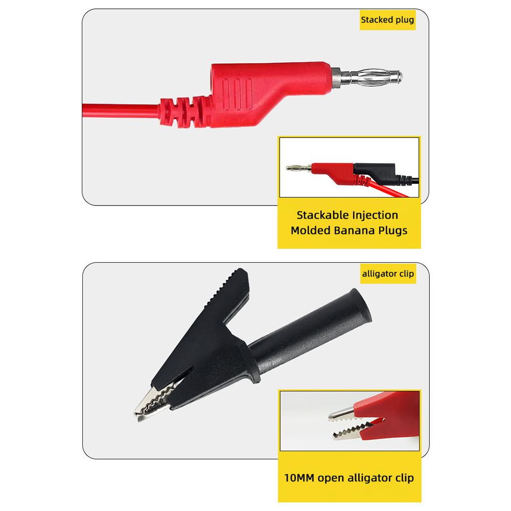 4mm solid copper banana plug test leads, 5-piece injection-moulded test leads, plug-to-plug/plug-to-clamp