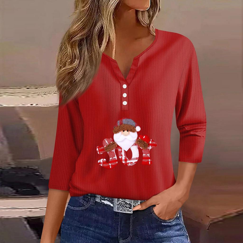Women‘s Fashion Casual Christmas Wine Glass Printed V-neck 3/4 Sleeve Button Knit Hoodie Regular Top