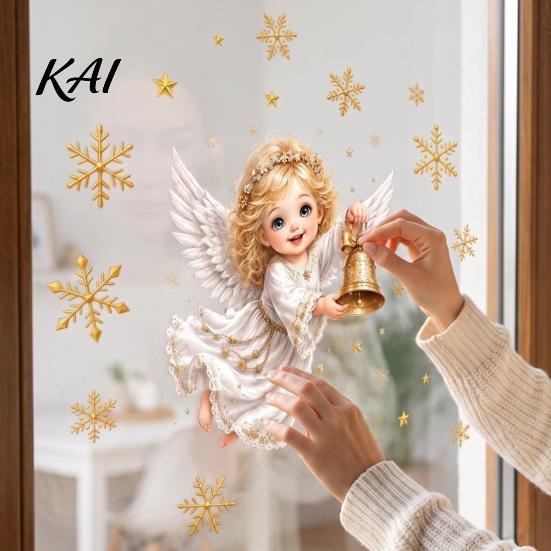 Home Window Adhesives Christmas Angel Clings, Removable PVC Static Glass Stickers for Holiday Glue Free Film Decor, Reusable Electrostatic Snowflake