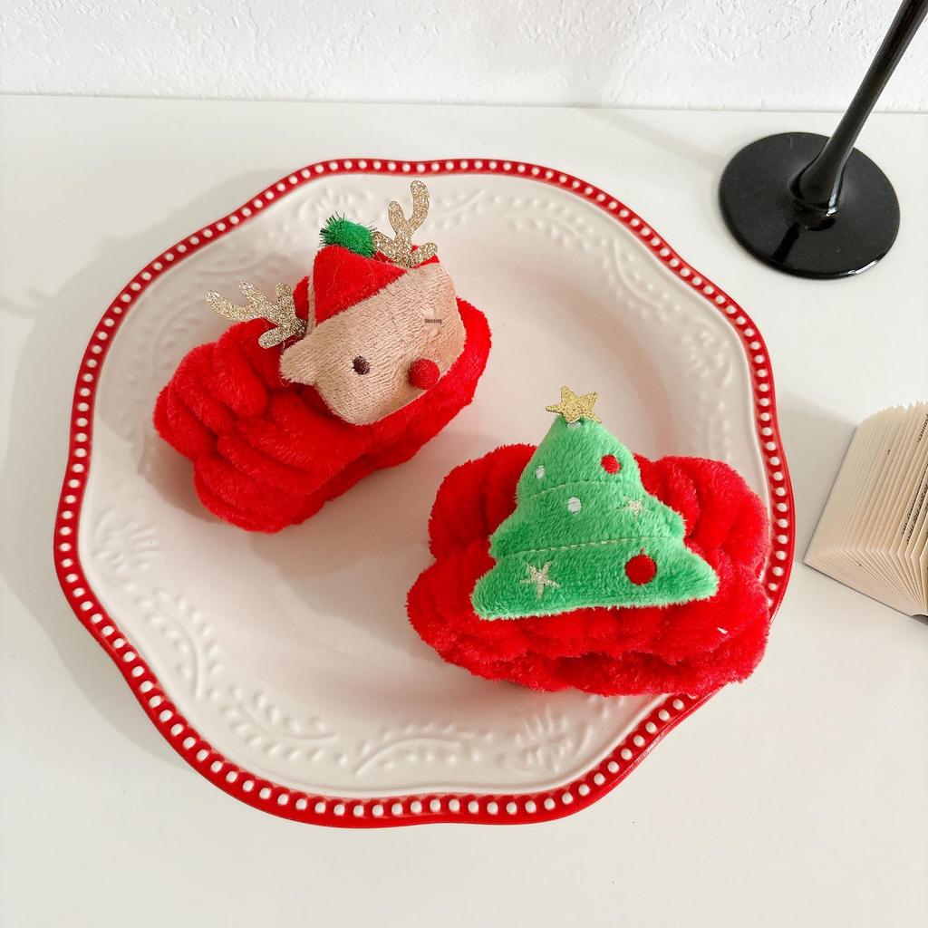 Рождественский плюшевый набор повязки на голову и напульсника для женщин - Водонепроницаемый аксессуар для макияжа и умывания лица.