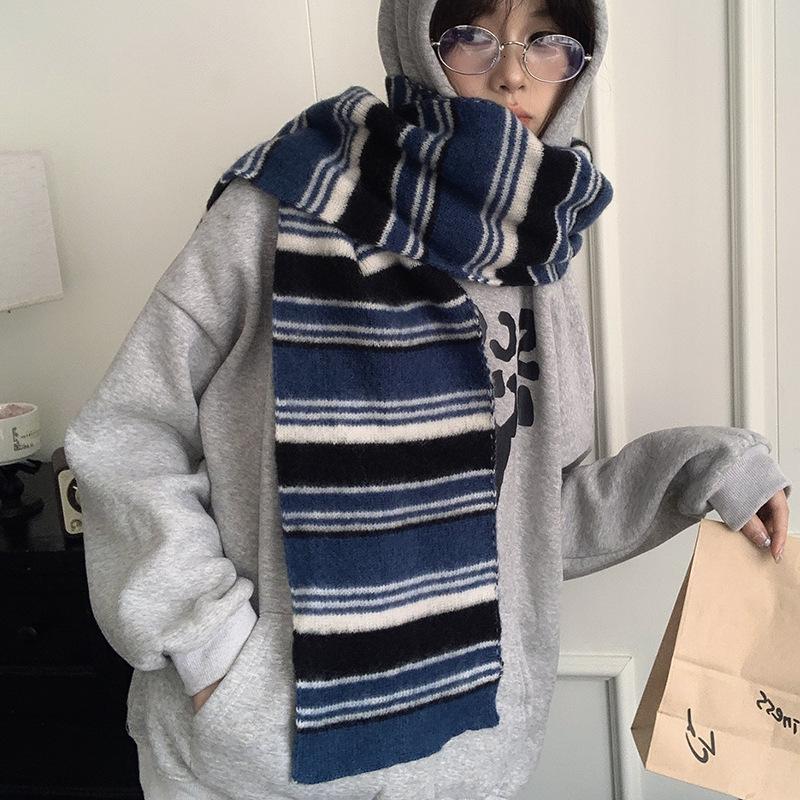 Falling Pool Women's Retro Striped Knit Scarf - Fluffy, High-End, Soft Neck Warmer for Autumn/Winter