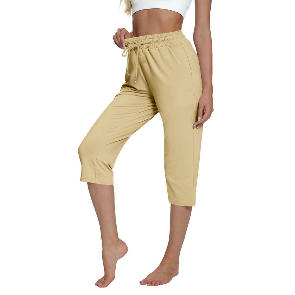 Women's Casual Solid Color Pocket Straight Leg Sports Capris Loose Cropped Pants