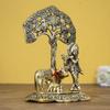 Lord Krishna Playing Flute Under Tree with Golden Cow and Calf Showpiece
