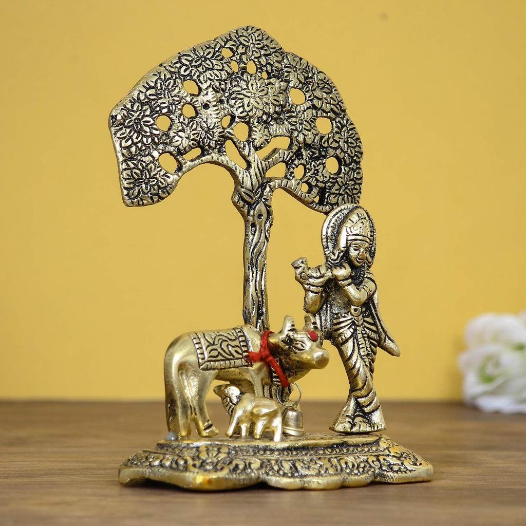Lord Krishna Playing Flute Under Tree with Golden Cow and Calf Showpiece