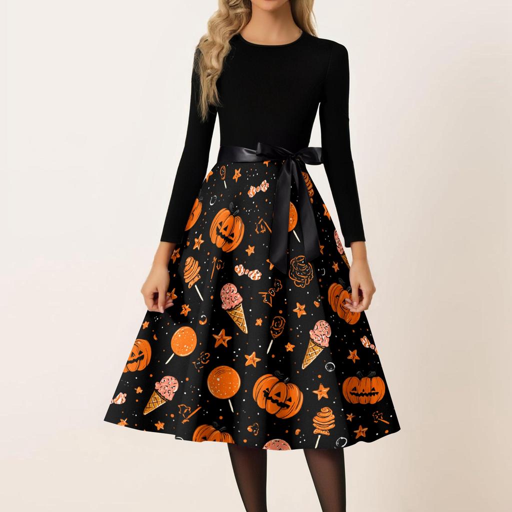 Women's Casual Fashion Round Neck Halloween Printed Vintage Dress