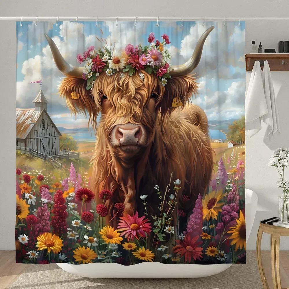 Смешная шторка для душа с хайлендской коровой, деревенская, с мультяшным животным, детская занавеска для ванной, полиэстеровая ткань, домашний декор для ванной