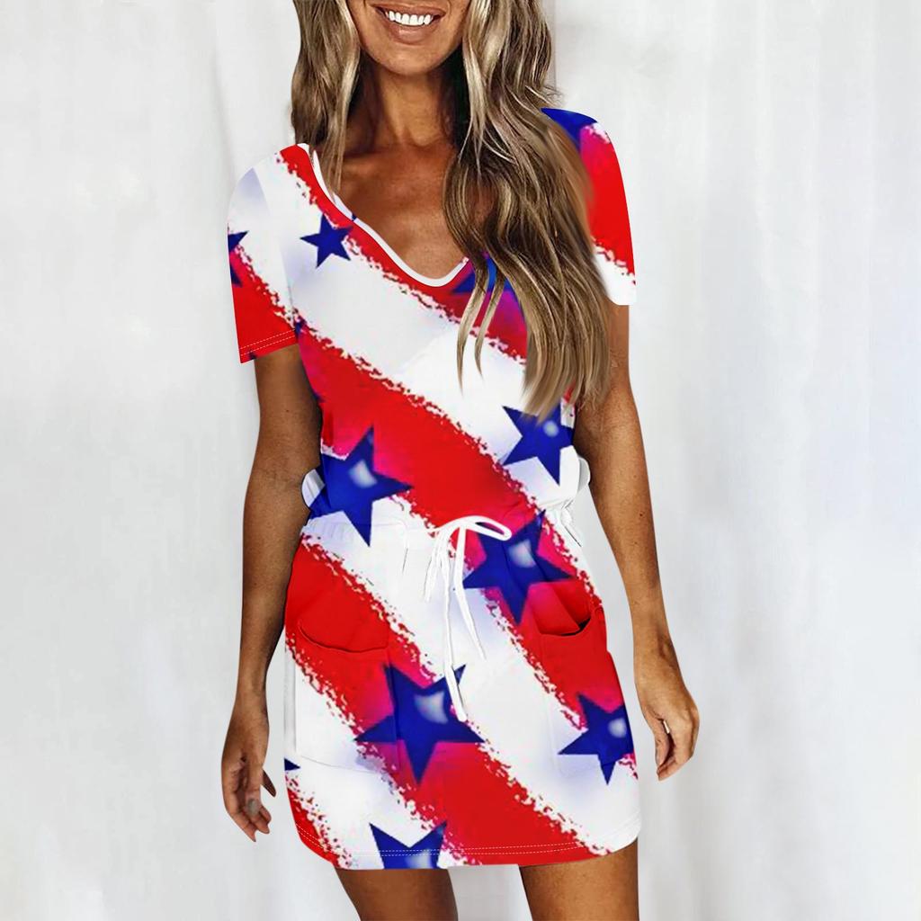 Женское летнее повседневное модное платье с короткими рукавами и кулиской на день независимости