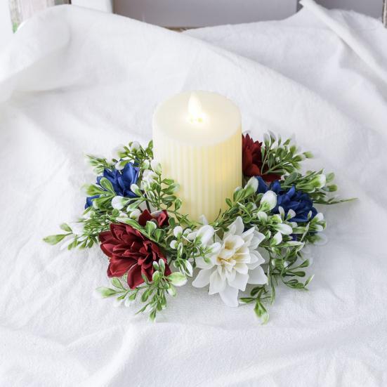 2Pcs Patriotic Artificial Wreath Candle Independence Holder Day Pillar Candle Ring Red White Blue
