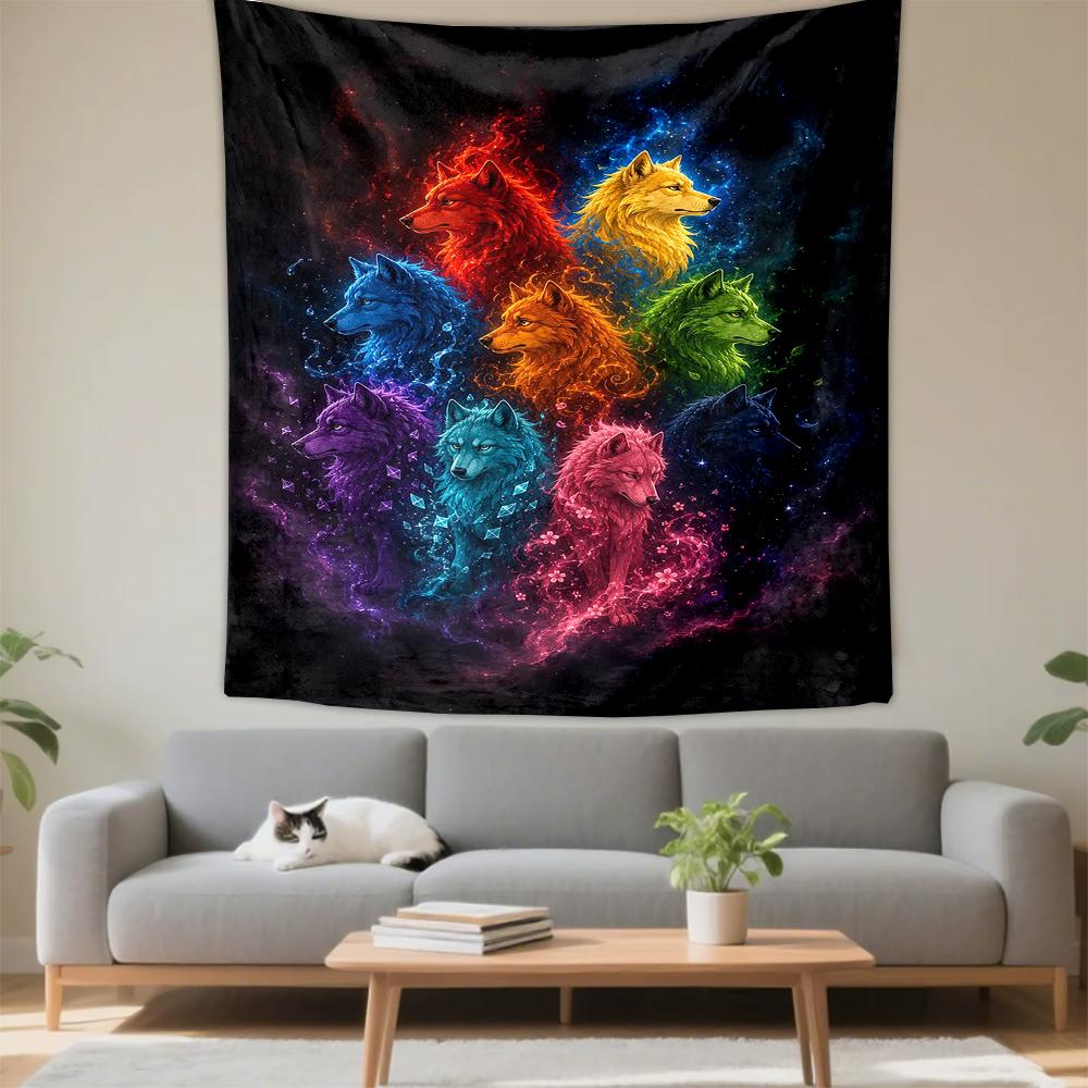 Wall Hanging Tapestry - Nine Elemental Wolves Colorful Chakra Fantasy Art for Dorm Room