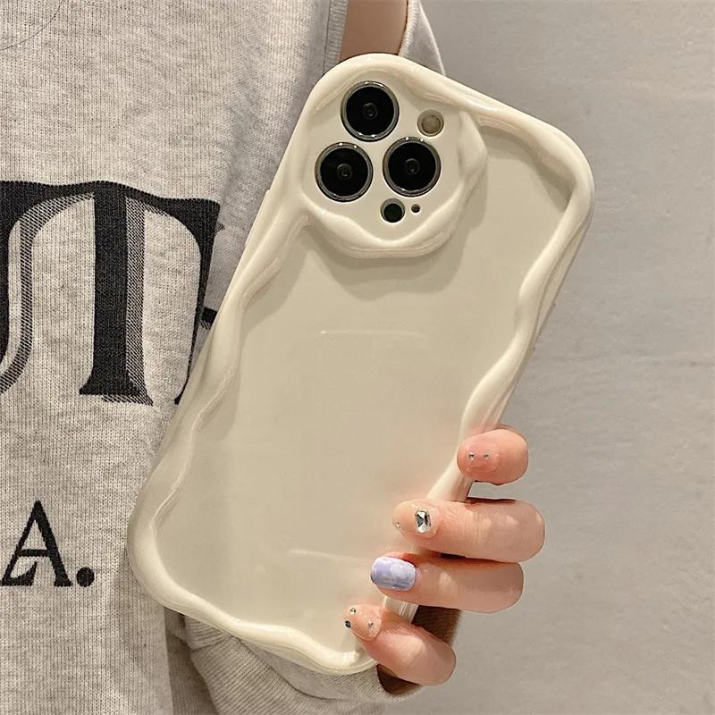 Fashion Wave Pattern Solid Color Cream Case For iPhone 15 Pro Max 14 Plus 13 12 11 Pro X XR Xs Max 7 8 SE 2022 Soft Clear TPU Phone Case