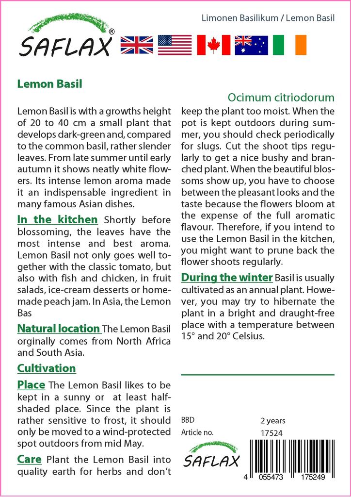 SAFLAX Garden in the Bag - Базилик лимонный - 200 семян - С субстратом в подходящем пакете - Ocimum citriodorum