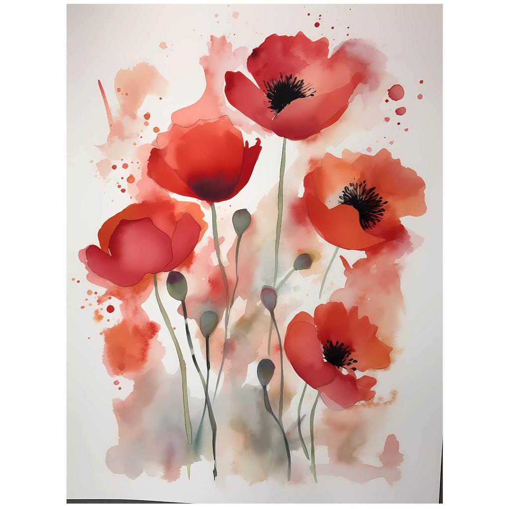 Red Poppies In Watercolor Red Poppies In Watercolor, 30X40 Cm, Gold Aluminum Frame, 230 Gsm Matte Paper