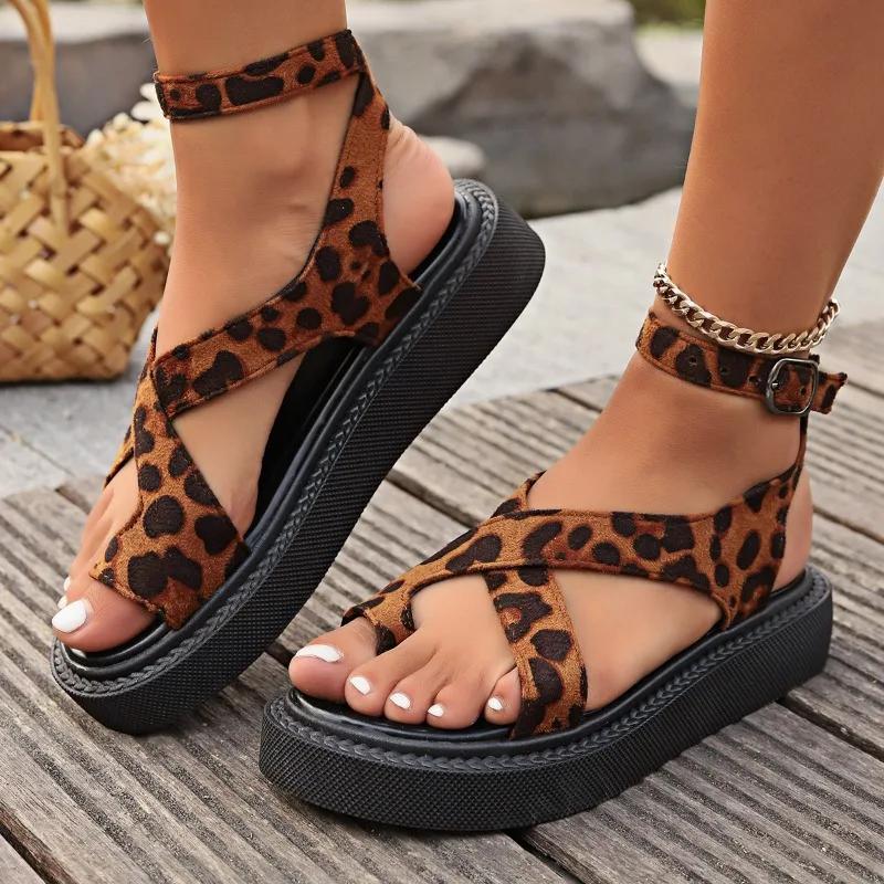 Fashion 2024 Women's Sandals Summer New Leopard Print Flat Heels Platform Sandals Outdoor Casual Peep Toe Roman Sandals Sandalias Mujer