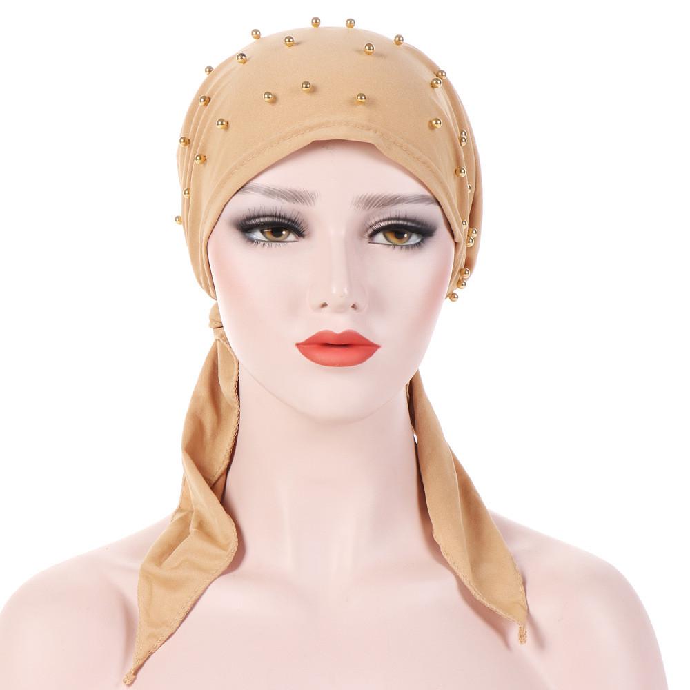 Женский модный тюрбан хиджаб Индия Отделка бисером Мусульманский эластичный тюрбан Шапка Хлопок Потеря волос Головной платок Обмотка исламский головной платок