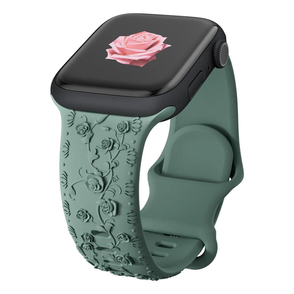 Ремешок с цветочной гравировкой для Apple Watch Band 40 мм, 44 мм, 41 мм, 49 мм, 45 мм, 38 мм, 42 мм, силиконовый браслет iwatch series 9 7 se 6 8 ultra 2