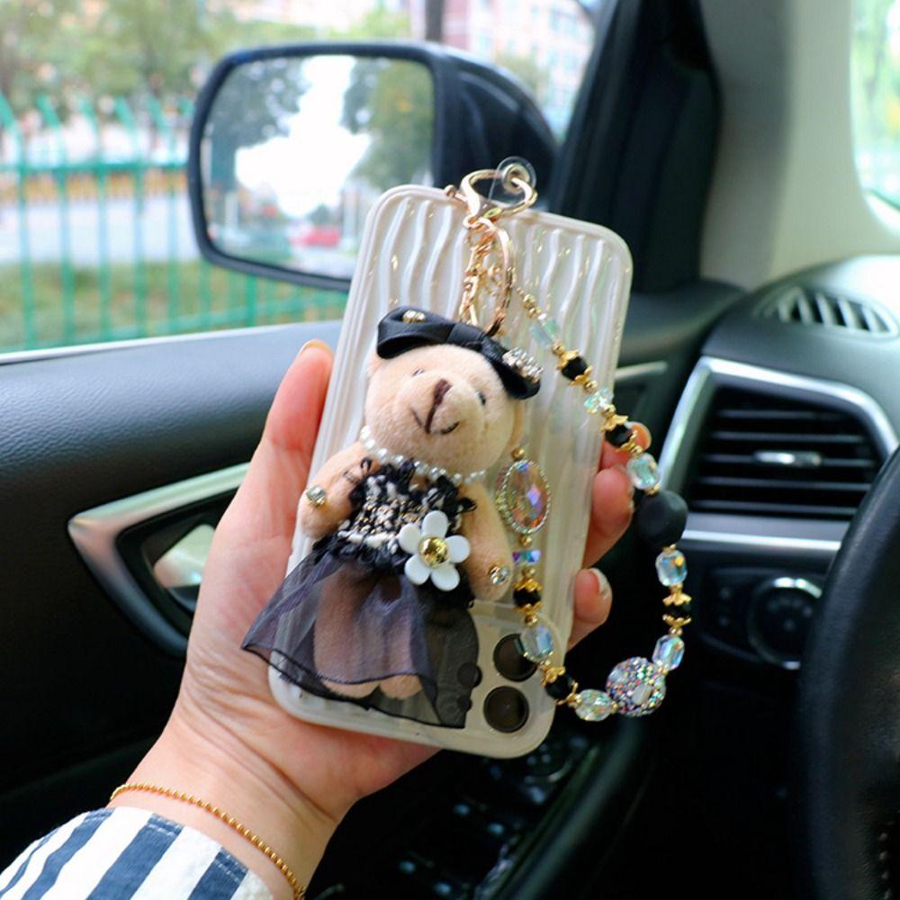 Crystal Bead String Stuffed Doll Pendant Lovely Car Key Ring Little Bear Keychain Female