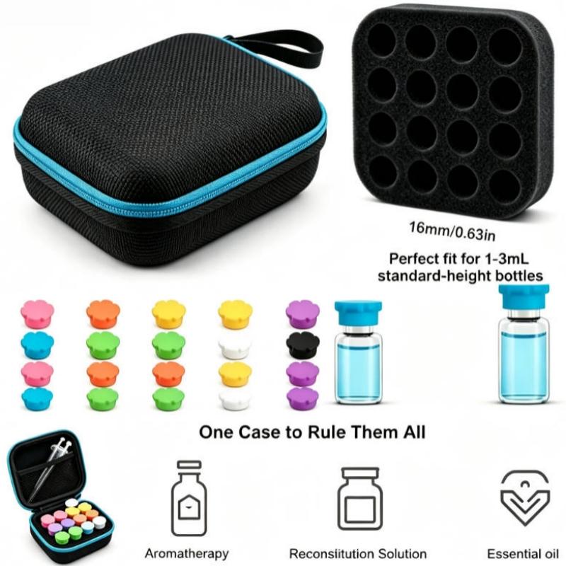 16 Slots 3ml Peptide Vial Storage Box with Multi-Color Silicone Caps Portable EVA Case for Fridge Lab Home Diabetes Insulin Kit