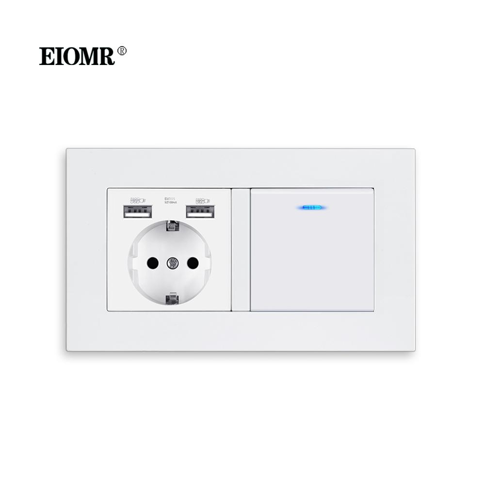 EIOMR EU Настенные выключатели Розетки Огнестойкая панель из поликарбоната USB 5V 2.1A для зарядки телефона Розетки 16A 220V Белые настенные розетки