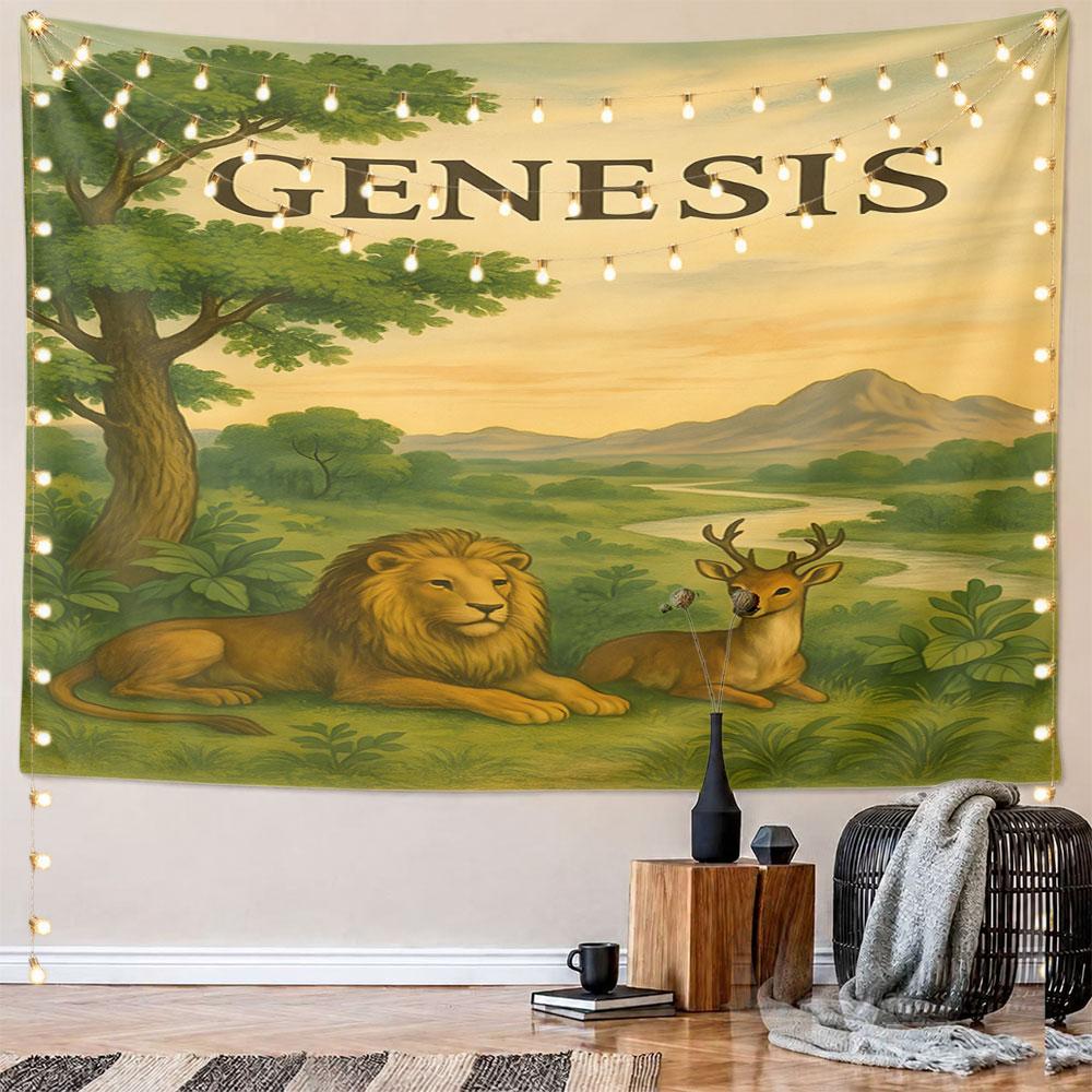 Lion and Deer in Genesis Paradise Scene Pattern Wall Hanging Tapestry Decorative Tapestry Home Decor for Bedroom and Living Room