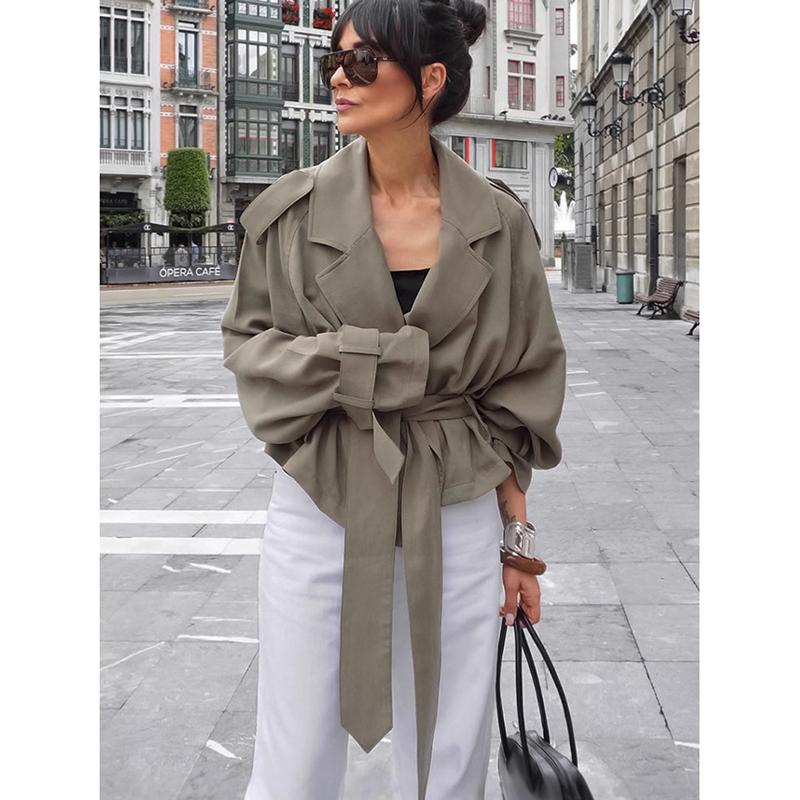 Женская однотонная куртка с длинным рукавом на шнуровке, модное однотонное пальто-тренч короткой длины с лацканами и поясом для осени и на каждый день, уличная одежда