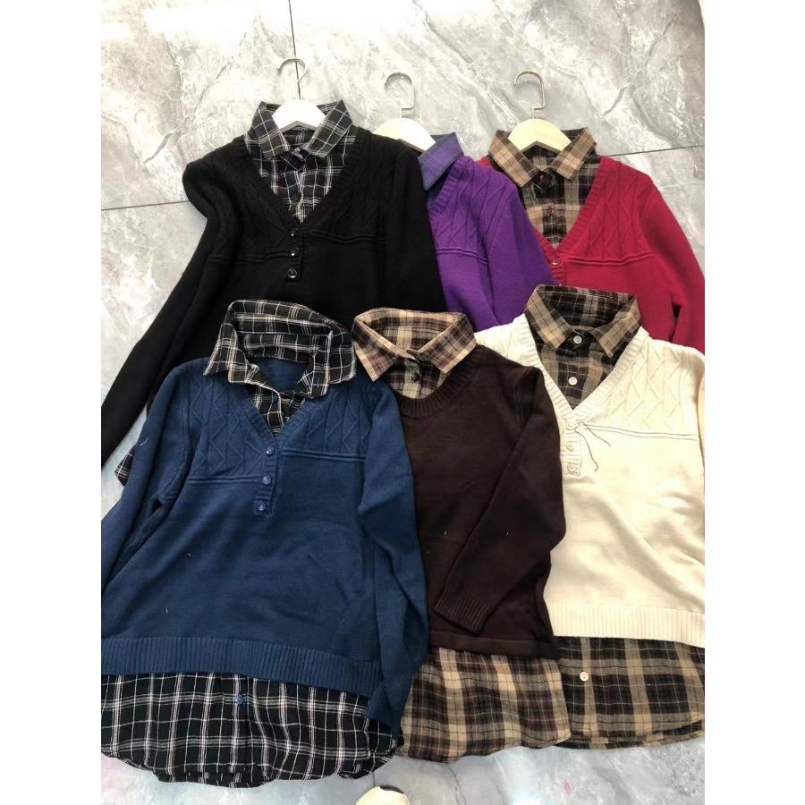 Fake Two Piece Women's Pullover Tops Solid Lapel Long Sleeve Shirt Knitted Sweater Fashion Buttons Loose Base Sweater