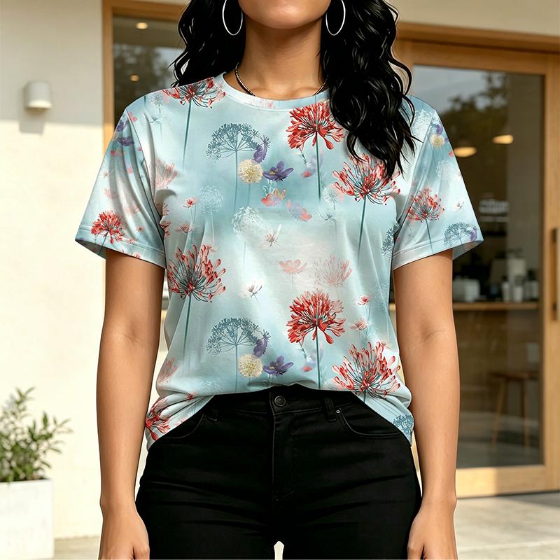 Women's Korean Floral Round Neck Short Sleeve Top,Soft Basic Tee for Daily Casual & Short Trips