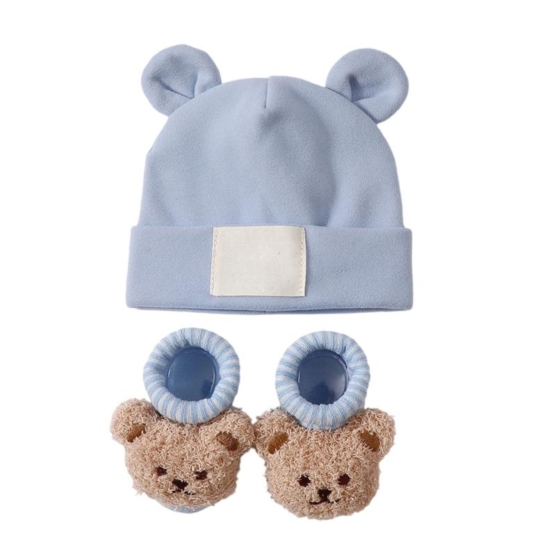 Дышащая детская шапка и носки с ушками Эластичная смесовая ткань Хлопок и Полиэстер Нежное воздейжение на чувствительную кожу Надежная посадка для младенцев
